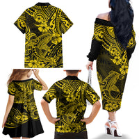 Hawaii Shark Family Matching Off Shoulder Long Sleeve Dress and Hawaiian Shirt Polynesian Pattern Yellow Version - Wonder Print Shop