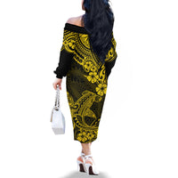 Hawaii Shark Family Matching Off Shoulder Long Sleeve Dress and Hawaiian Shirt Polynesian Pattern Yellow Version - Wonder Print Shop