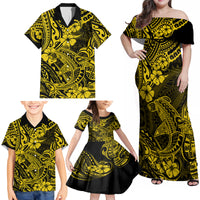 Hawaii Shark Family Matching Off Shoulder Maxi Dress and Hawaiian Shirt Polynesian Pattern Yellow Version - Wonder Print Shop