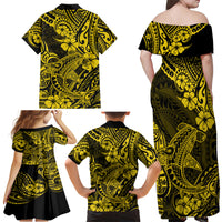 Hawaii Shark Family Matching Off Shoulder Maxi Dress and Hawaiian Shirt Polynesian Pattern Yellow Version - Wonder Print Shop
