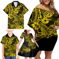 Hawaii Shark Family Matching Off Shoulder Short Dress and Hawaiian Shirt Polynesian Pattern Yellow Version - Wonder Print Shop