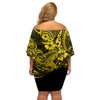 Hawaii Shark Family Matching Off Shoulder Short Dress and Hawaiian Shirt Polynesian Pattern Yellow Version - Wonder Print Shop