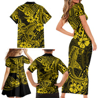 Hawaii Shark Family Matching Short Sleeve Bodycon Dress and Hawaiian Shirt Polynesian Pattern Yellow Version - Wonder Print Shop