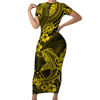 Hawaii Shark Family Matching Short Sleeve Bodycon Dress and Hawaiian Shirt Polynesian Pattern Yellow Version - Wonder Print Shop