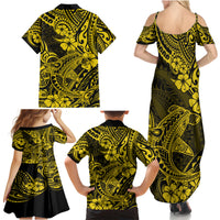 Hawaii Shark Family Matching Summer Maxi Dress and Hawaiian Shirt Polynesian Pattern Yellow Version - Wonder Print Shop