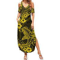 Hawaii Shark Family Matching Summer Maxi Dress and Hawaiian Shirt Polynesian Pattern Yellow Version - Wonder Print Shop
