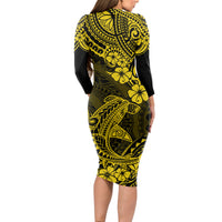 Hawaii Shark Long Sleeve Bodycon Dress Polynesian Pattern Yellow Version - Wonder Print Shop