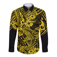 Hawaii Shark Long Sleeve Button Shirt Polynesian Pattern Yellow Version - Wonder Print Shop