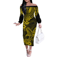 Hawaii Shark Off The Shoulder Long Sleeve Dress Polynesian Pattern Yellow Version - Wonder Print Shop
