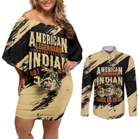 Personalized American Legendary Motorcycles Indian Chief 1947 Couples Matching Off Shoulder Short Dress and Long Sleeve Button Shirt Classic and Vintage - Wonder Print Shop