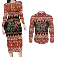 Howdy Christmas Cowboy Santa Couples Matching Long Sleeve Bodycon Dress and Long Sleeve Button Shirt Giddy Up Jingle Horse Pick Up Your Feet - Wonder Print Shop