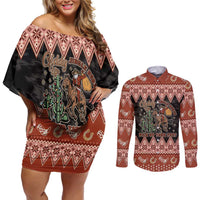 Howdy Christmas Cowboy Santa Couples Matching Off Shoulder Short Dress and Long Sleeve Button Shirt Giddy Up Jingle Horse Pick Up Your Feet - Wonder Print Shop