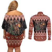 Howdy Christmas Cowboy Santa Couples Matching Off Shoulder Short Dress and Long Sleeve Button Shirt Giddy Up Jingle Horse Pick Up Your Feet - Wonder Print Shop