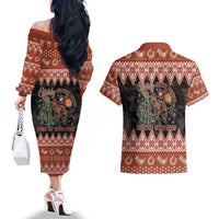 Howdy Christmas Cowboy Santa Couples Matching Off The Shoulder Long Sleeve Dress and Hawaiian Shirt Giddy Up Jingle Horse Pick Up Your Feet - Wonder Print Shop