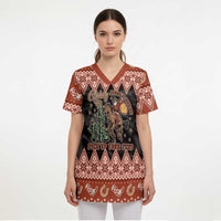 Howdy Christmas Cowboy Santa Scrub Top Giddy Up Jingle Horse Pick Up Your Feet - Wonder Print Shop