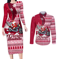 Georgia Christmas Couples Matching Long Sleeve Bodycon Dress and Long Sleeve Button Shirt Santa Claus Riding Motorcycle With Gray Squirrel - Wonder Print Shop