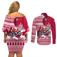 Georgia Christmas Couples Matching Off Shoulder Short Dress and Long Sleeve Button Shirt Santa Claus Riding Motorcycle With Gray Squirrel - Wonder Print Shop