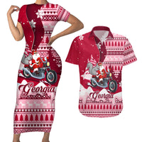 Georgia Christmas Couples Matching Short Sleeve Bodycon Dress and Hawaiian Shirt Santa Claus Riding Motorcycle With Gray Squirrel - Wonder Print Shop