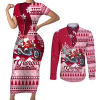 Georgia Christmas Couples Matching Short Sleeve Bodycon Dress and Long Sleeve Button Shirt Santa Claus Riding Motorcycle With Gray Squirrel - Wonder Print Shop