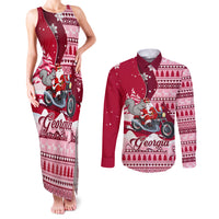 Georgia Christmas Couples Matching Tank Maxi Dress and Long Sleeve Button Shirt Santa Claus Riding Motorcycle With Gray Squirrel - Wonder Print Shop