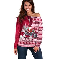 Georgia Christmas Off Shoulder Sweater Santa Claus Riding Motorcycle With Gray Squirrel - Wonder Print Shop