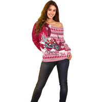 Georgia Christmas Off Shoulder Sweater Santa Claus Riding Motorcycle With Gray Squirrel - Wonder Print Shop