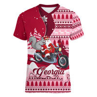 Georgia Christmas Women V Neck T Shirt Santa Claus Riding Motorcycle With Gray Squirrel - Wonder Print Shop