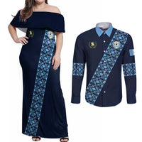 Custom Guatemala Football Couples Matching Off Shoulder Maxi Dress and Long Sleeve Button Shirt Vamos Los Chapines