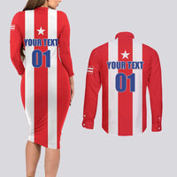 Custom Puerto Rico Football Couples Matching Long Sleeve Bodycon Dress and Long Sleeve Button Shirt Go The Blue Hurricane