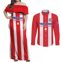 Custom Puerto Rico Football Couples Matching Off Shoulder Maxi Dress and Long Sleeve Button Shirt Go The Blue Hurricane