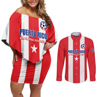 Custom Puerto Rico Football Couples Matching Off Shoulder Short Dress and Long Sleeve Button Shirt Go The Blue Hurricane