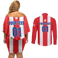 Custom Puerto Rico Football Couples Matching Off Shoulder Short Dress and Long Sleeve Button Shirt Go The Blue Hurricane