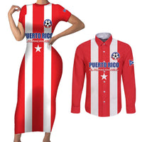 Custom Puerto Rico Football Couples Matching Short Sleeve Bodycon Dress and Long Sleeve Button Shirt Go The Blue Hurricane