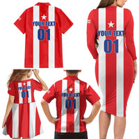 Custom Puerto Rico Football Family Matching Long Sleeve Bodycon Dress and Hawaiian Shirt Go The Blue Hurricane