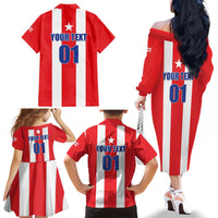 Custom Puerto Rico Football Family Matching Off The Shoulder Long Sleeve Dress and Hawaiian Shirt Go The Blue Hurricane