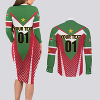 Custom Suriname Football Couples Matching Long Sleeve Bodycon Dress and Long Sleeve Button Shirt Go Sranankondre Fubal Pluga