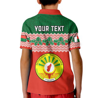 Kids red polo shirt back with 'YOUR TEXT' and crest over striped pattern
