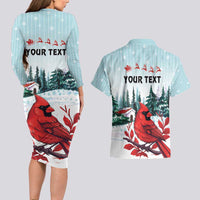 Personalised Cardinal Christmas Couples Matching Long Sleeve Bodycon Dress and Hawaiian Shirt Snowflake Xmas Tree - Wonder Print Shop