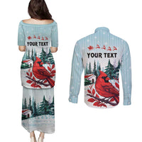 Personalised Cardinal Christmas Couples Matching Puletasi and Long Sleeve Button Shirt Snowflake Xmas Tree - Wonder Print Shop