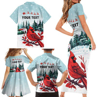 Personalised Cardinal Christmas Family Matching Short Sleeve Bodycon Dress and Hawaiian Shirt Snowflake Xmas Tree - Wonder Print Shop