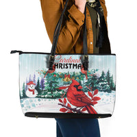 Cardinal Christmas Leather Tote Bag Snowflake Xmas Tree - Wonder Print Shop