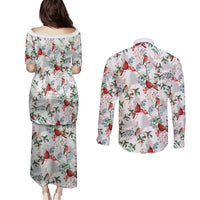 Cardinal Christmas White Couples Matching Puletasi and Long Sleeve Button Shirt Xmas Pattern - Wonder Print Shop