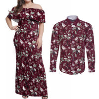 Cardinal Christmas Wine Red Couples Matching Off Shoulder Maxi Dress and Long Sleeve Button Shirt Xmas Pattern - Wonder Print Shop