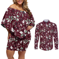 Cardinal Christmas Wine Red Couples Matching Off Shoulder Short Dress and Long Sleeve Button Shirt Xmas Pattern - Wonder Print Shop