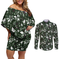 Cardinal Christmas Green Couples Matching Off Shoulder Short Dress and Long Sleeve Button Shirt Xmas Pattern - Wonder Print Shop