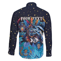 Personalized Bahamas Junkanoo Family Matching Off The Shoulder Long Sleeve Dress and Hawaiian Shirt Bahamian Mask Blue Marlin - Wonder Print Shop