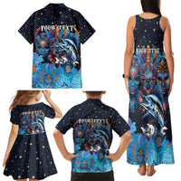 Personalized Bahamas Junkanoo Family Matching Tank Maxi Dress and Hawaiian Shirt Bahamian Mask Blue Marlin - Wonder Print Shop