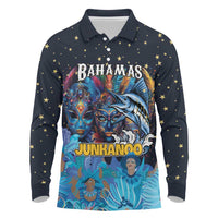 Personalized Bahamas Junkanoo Long Sleeve Polo Shirt Bahamian Mask Blue Marlin - Wonder Print Shop