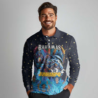 Personalized Bahamas Junkanoo Long Sleeve Polo Shirt Bahamian Mask Blue Marlin - Wonder Print Shop