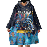 Personalized Bahamas Junkanoo Wearable Blanket Hoodie Bahamian Mask Blue Marlin - Wonder Print Shop